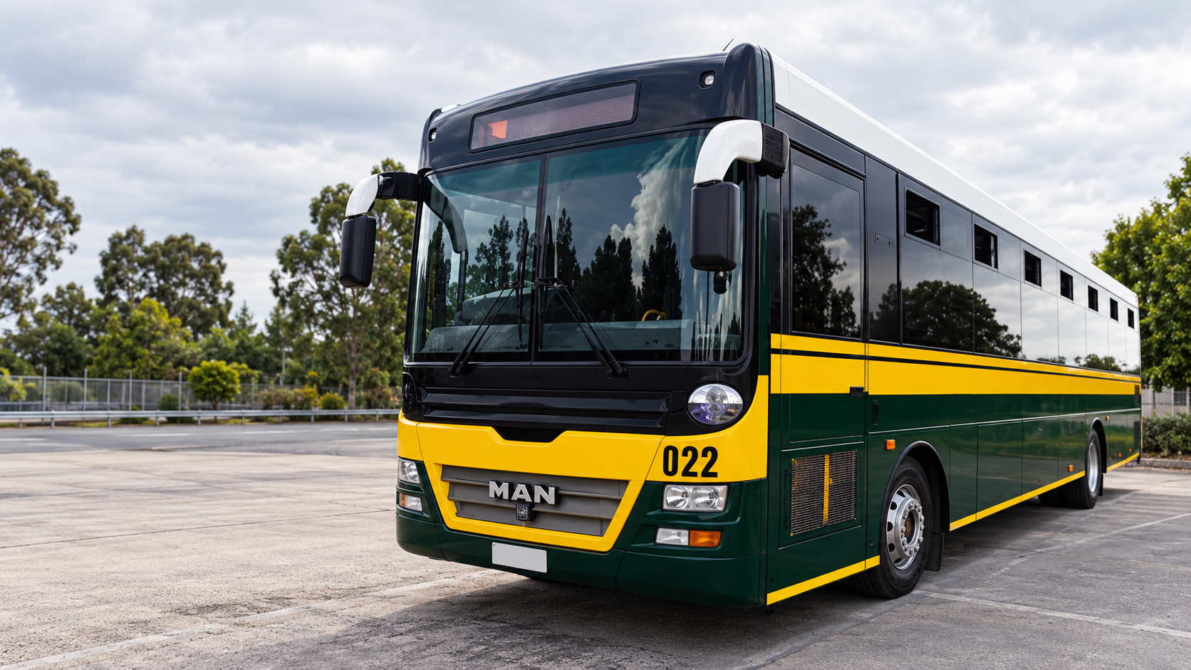 AI-enhanced reconstruction of Mabirimisa green and gold MAN coach, fleet number 022